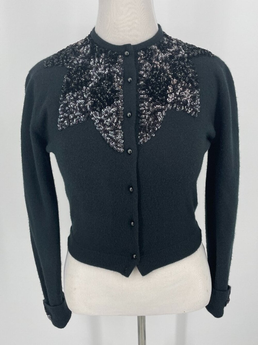 Vintage 50s Black Sequin Applique Cropped Orlon Cardigan Sweater S/M